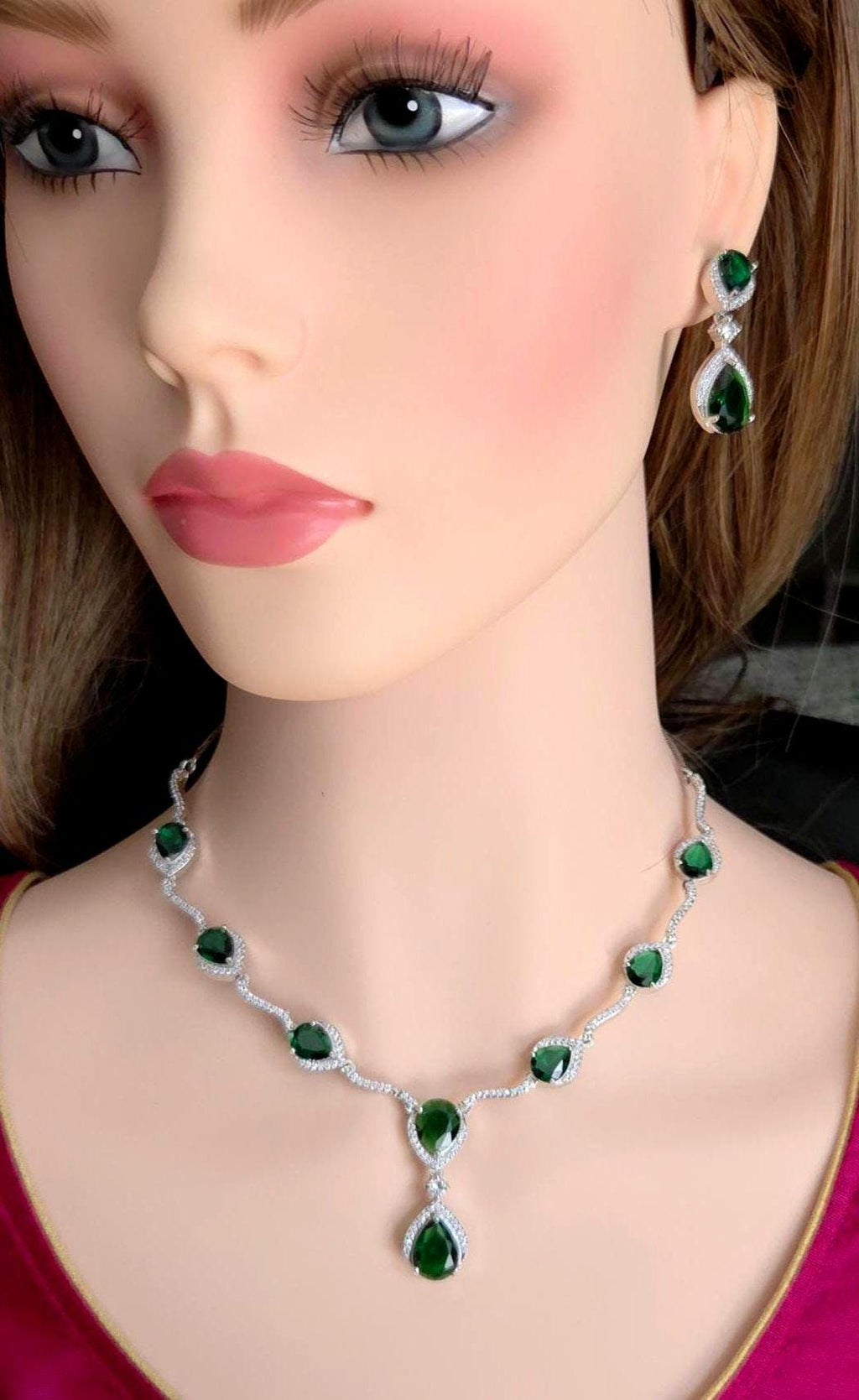 Silver Plated CZ Teardrop Necklace & Earrings Set – Bridal Wedding Jewelry, Multicolor, Green or Blue