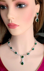 Silver Plated CZ Teardrop Necklace & Earrings Set – Bridal Wedding Jewelry, Multicolor, Green or Blue