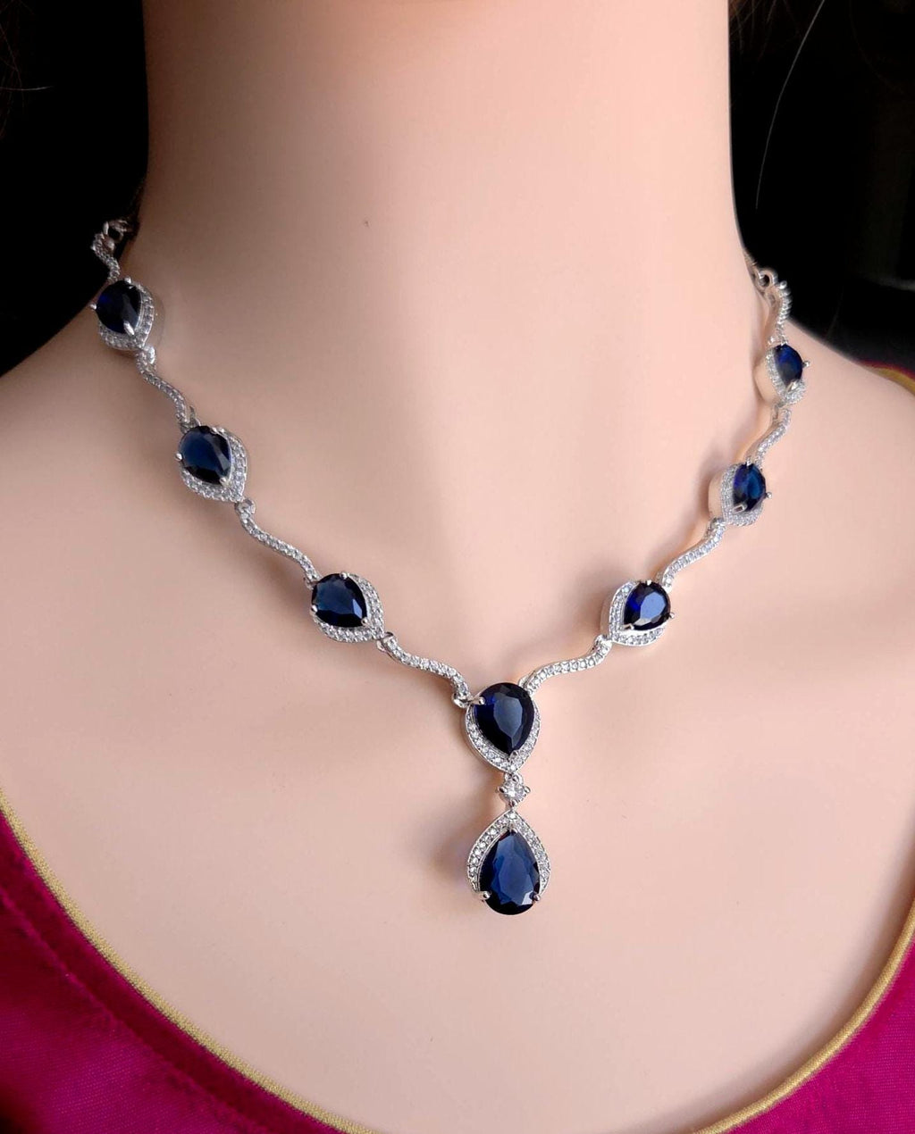 Silver Plated CZ Teardrop Necklace & Earrings Set – Bridal Wedding Jewelry, Multicolor, Green or Blue