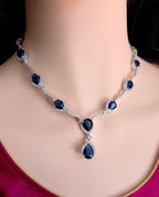 Silver Plated CZ Teardrop Necklace & Earrings Set – Bridal Wedding Jewelry, Multicolor, Green or Blue