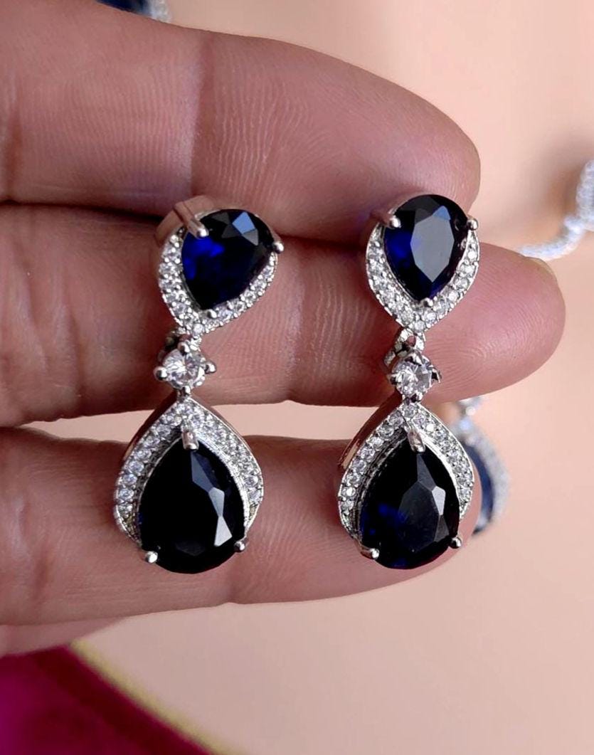 Silver Plated CZ Teardrop Necklace & Earrings Set – Bridal Wedding Jewelry, Multicolor, Green or Blue