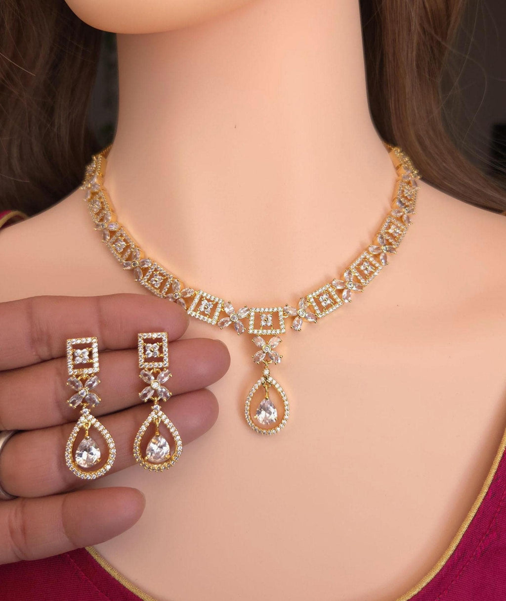 Gold Plated CZ Bridal Necklace & Earrings Set – Geometric Teardrop Pendant, Indian Wedding Jewelry