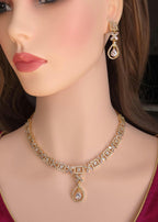 Gold Plated CZ Bridal Necklace & Earrings Set – Geometric Teardrop Pendant, Indian Wedding Jewelry