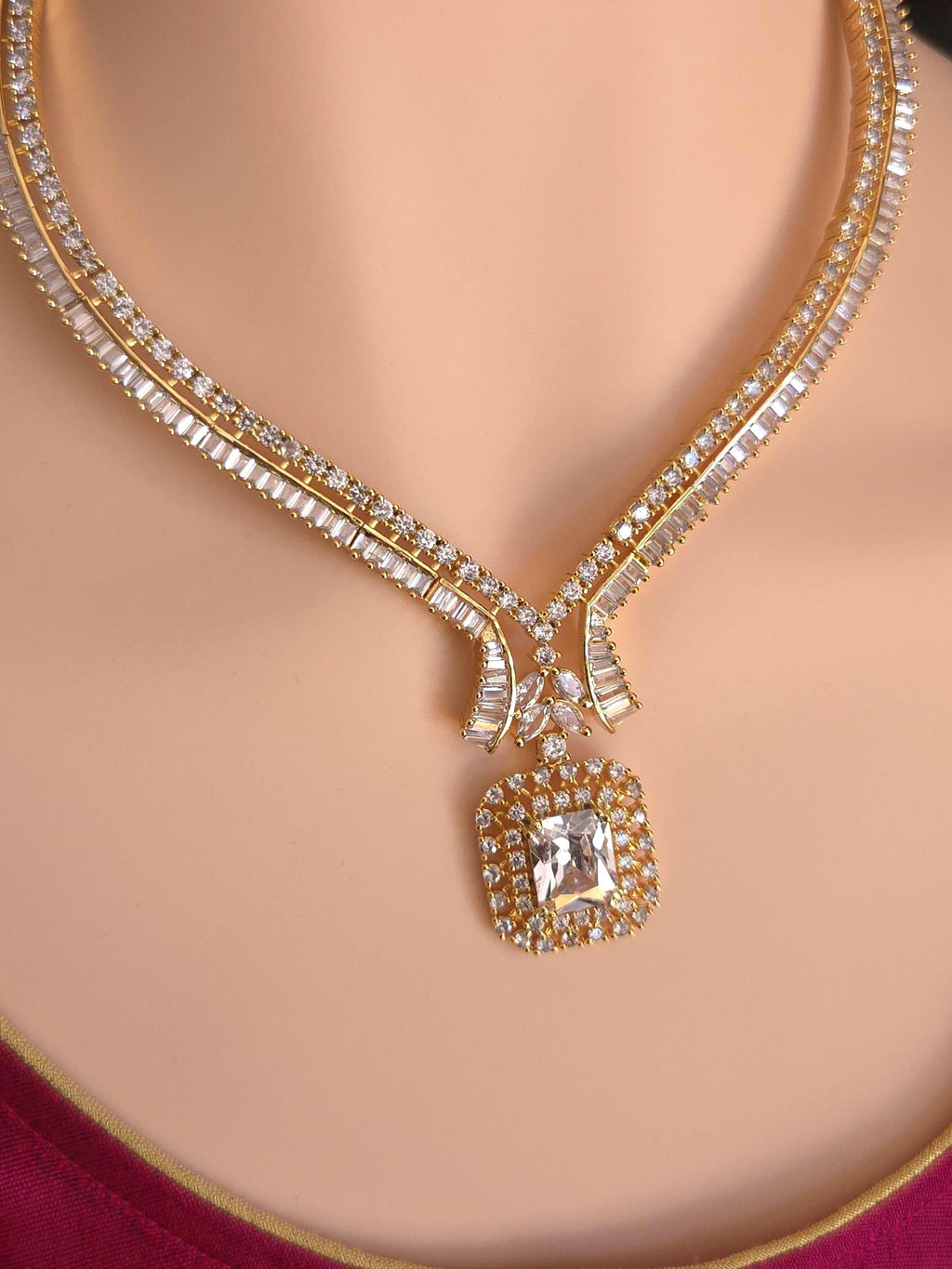 Gold Plated CZ V-Neckline & Square Drop Necklace Set – Indian Bridal Wedding Jewelry