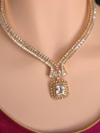 Gold Plated CZ V-Neckline & Square Drop Necklace Set – Indian Bridal Wedding Jewelry