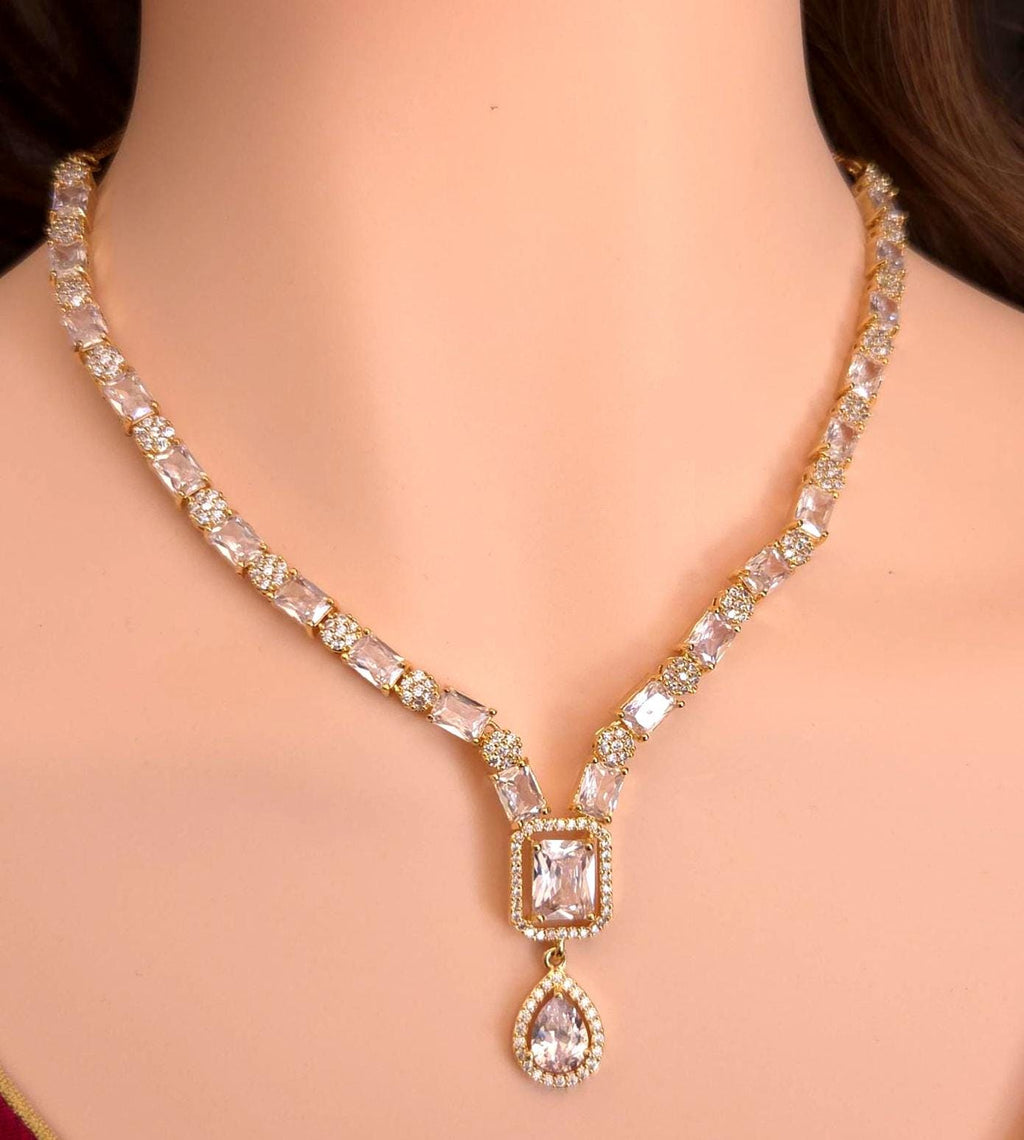 Gold Plated CZ Square & Teardrop Pendant Necklace & Earrings Set – Bridal Wedding Jewelry