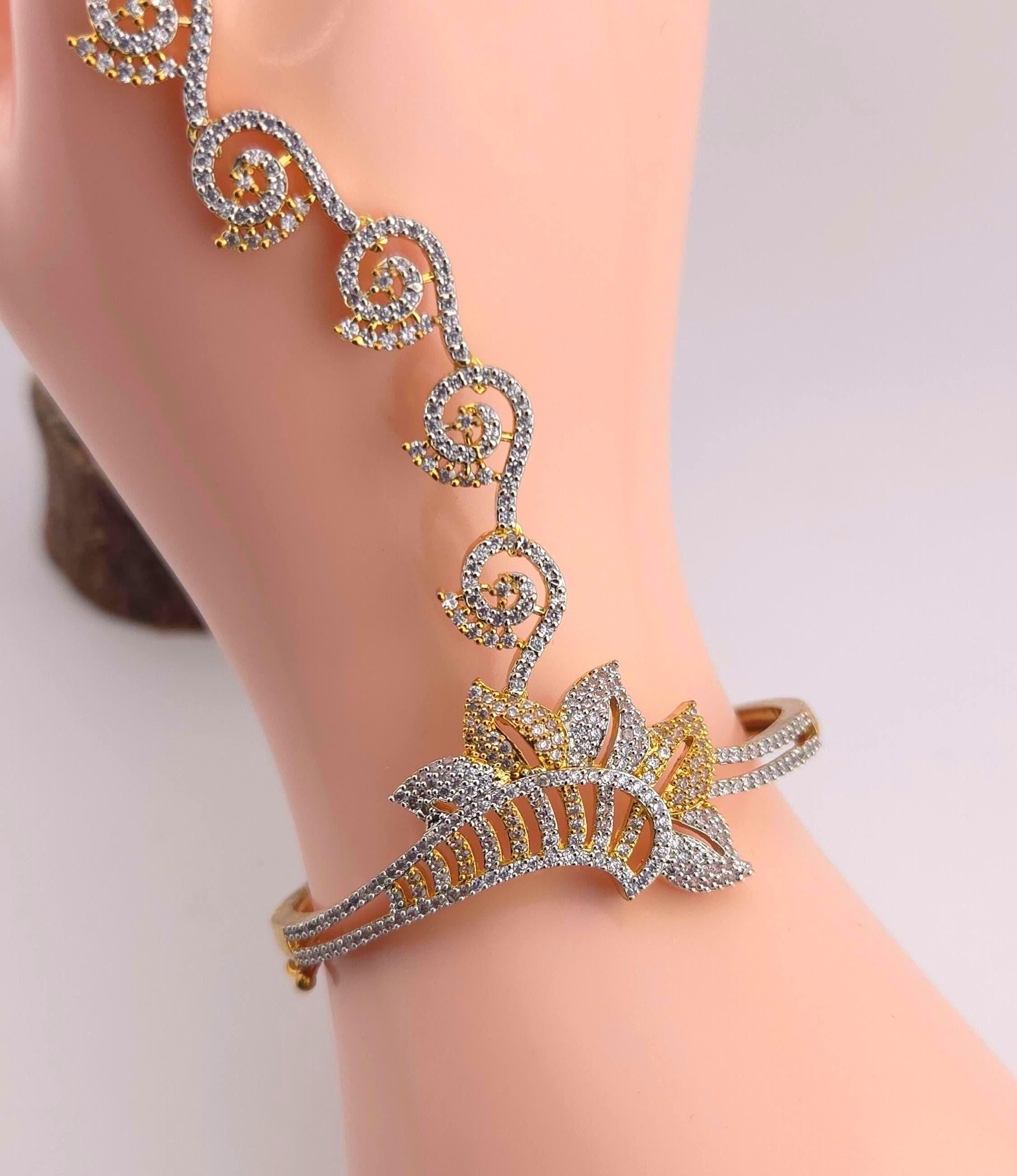 Gold Plated CZ Haath Phool – Indian Bridal Hand Jewelry, Adjustable Bracelet Ring Set