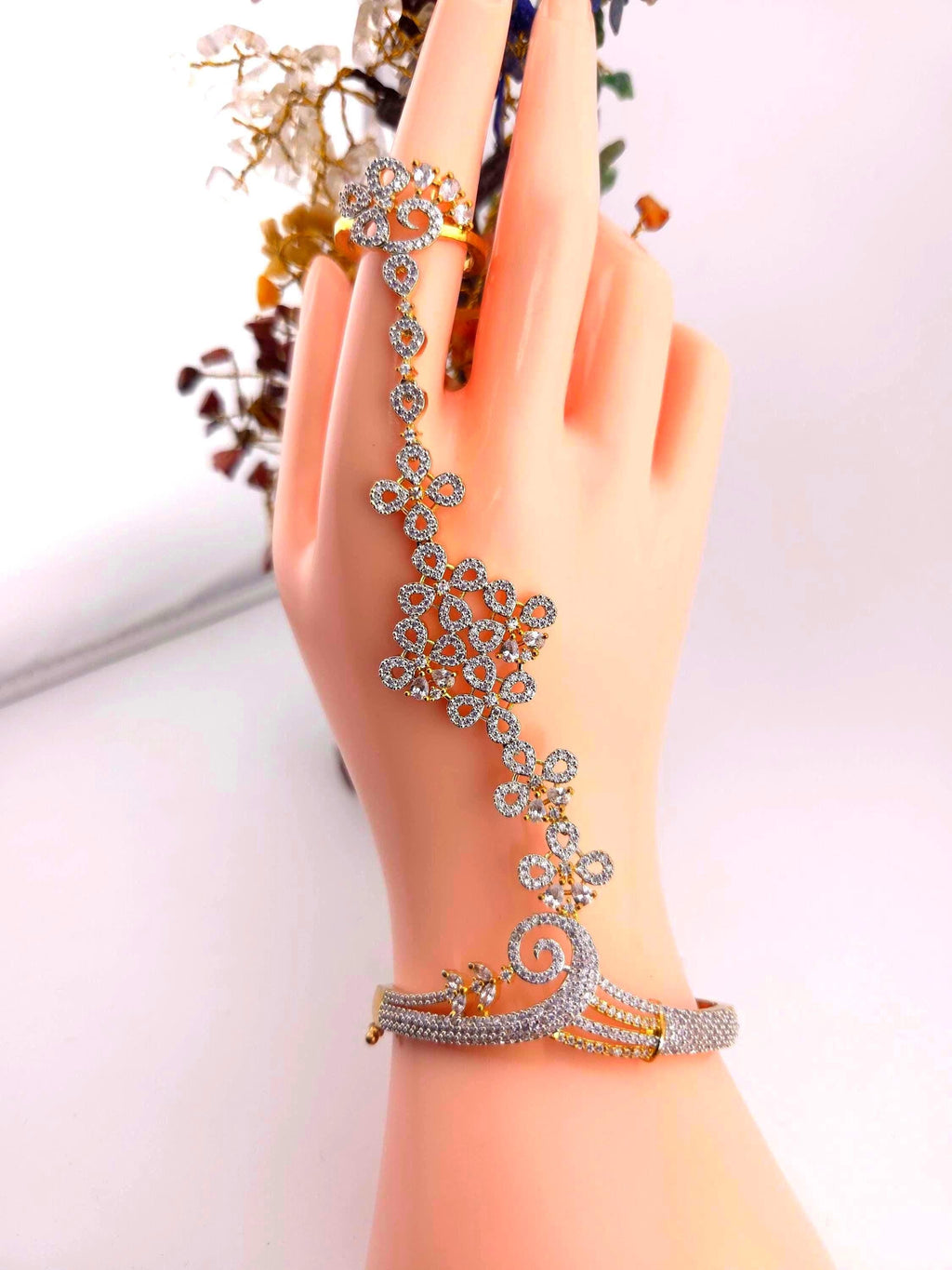 Gold Plated CZ Haath Phool – Indian Bridal Hand Jewelry, Adjustable Bracelet Ring Set