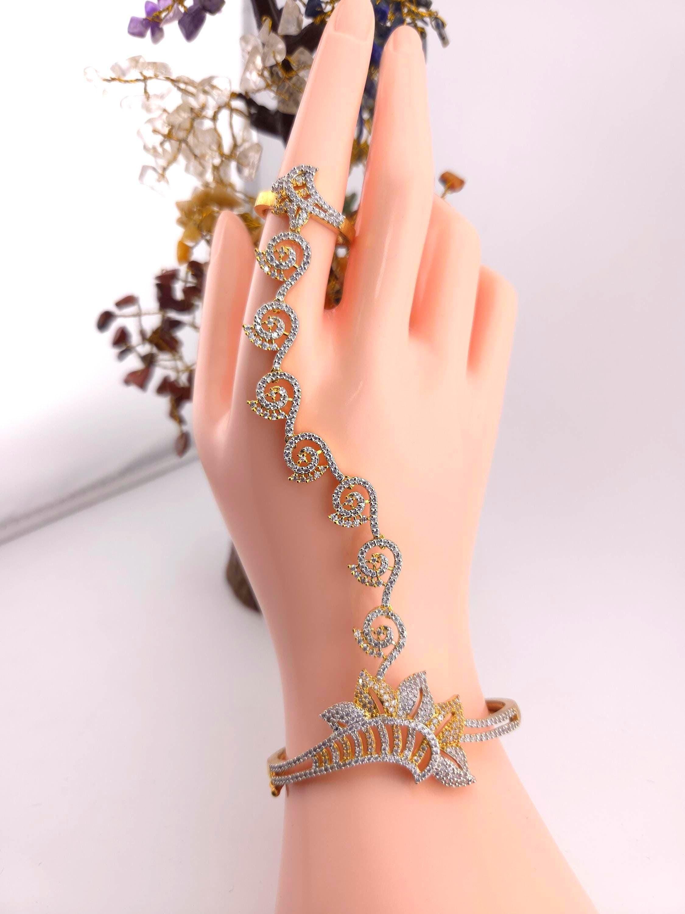 Gold Plated CZ Haath Phool – Indian Bridal Hand Jewelry, Adjustable Bracelet Ring Set