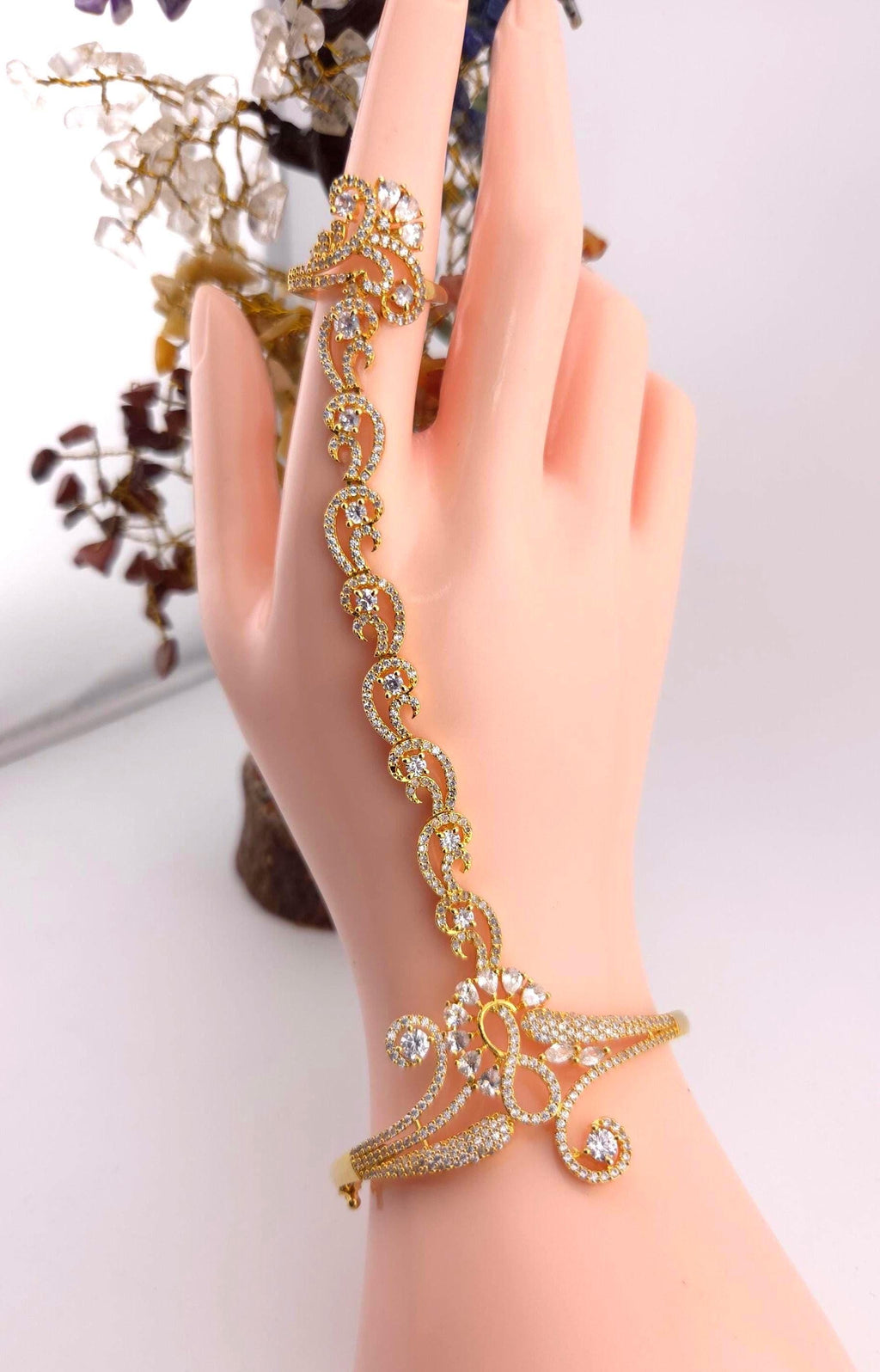 Gold Plated CZ Haath Phool – Indian Bridal Hand Jewelry, Adjustable Bracelet Ring Set