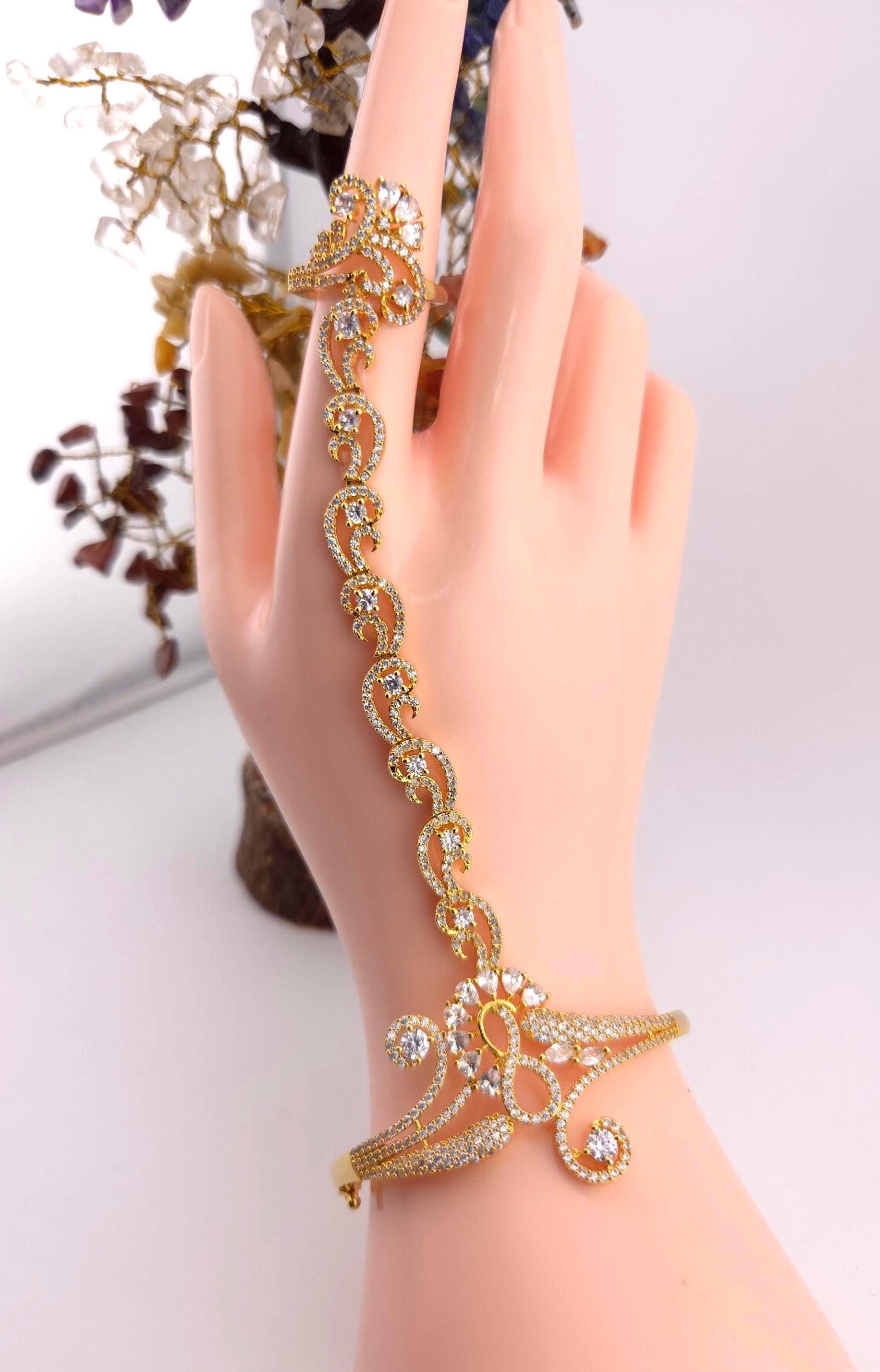 Gold Plated CZ Haath Phool – Indian Bridal Hand Jewelry, Adjustable Bracelet Ring Set