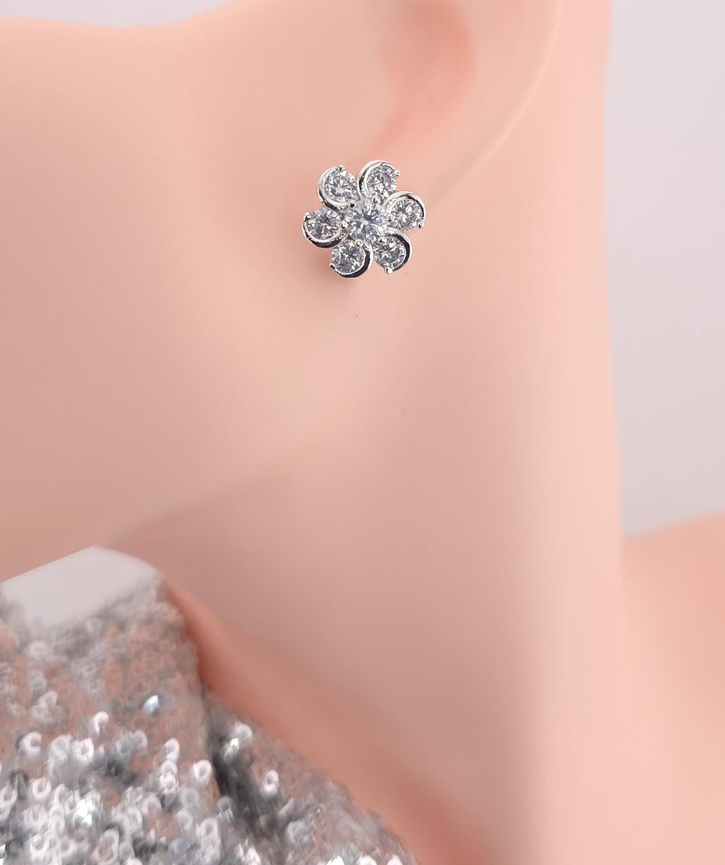 Silver Plated Floral CZ Stud Earrings – Elegant Wedding & Festive Jewelry