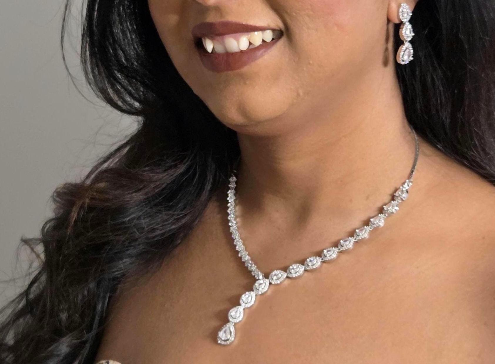 Teardrop CZ Y Necklace & Earring Set | Silver Plated | Silver, Blue & Yellow
