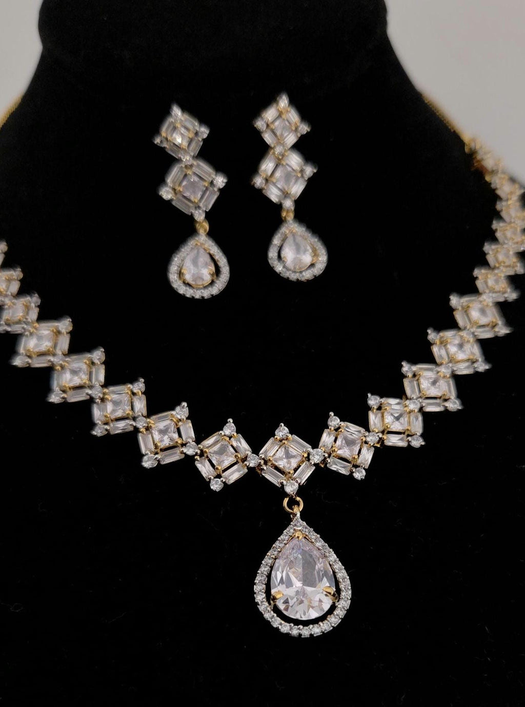 Geometric CZ Necklace & Earrings Set – Square Link Teardrop Pendant, Modern Bridal Jewelry