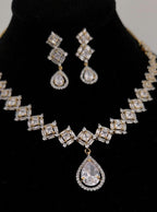 Geometric CZ Necklace & Earrings Set – Square Link Teardrop Pendant, Modern Bridal Jewelry