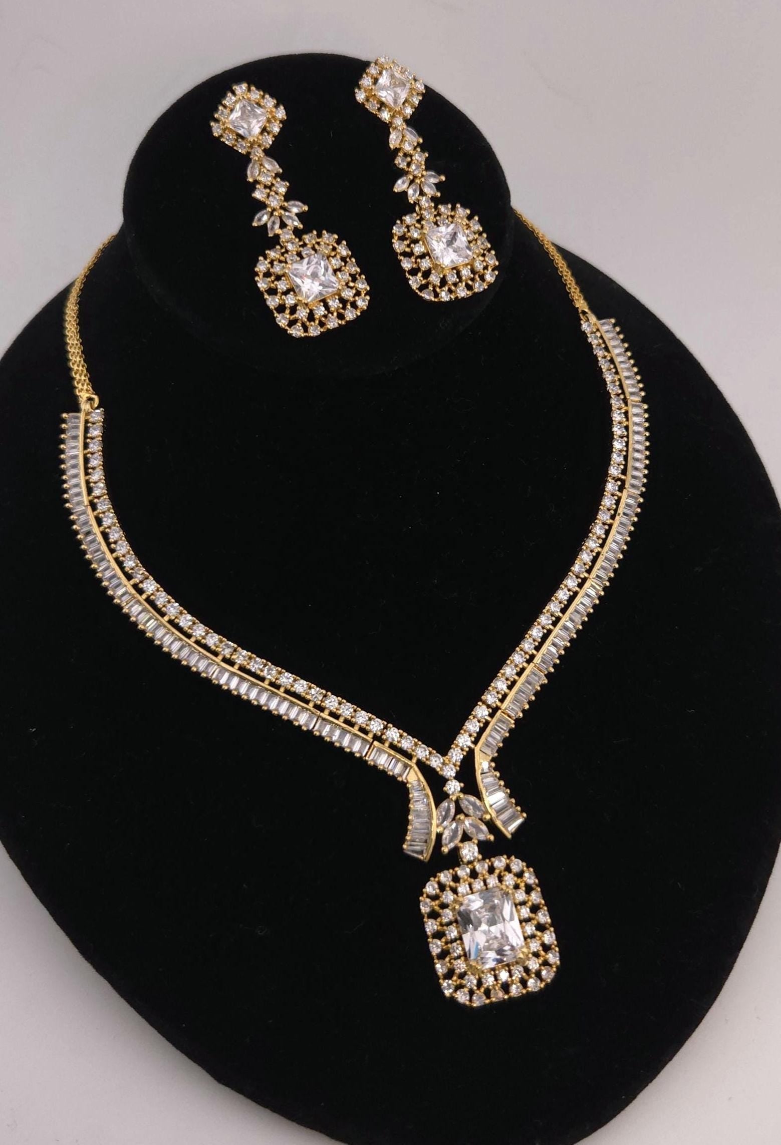 Gold Plated CZ V-Neckline & Square Drop Necklace Set – Indian Bridal Wedding Jewelry