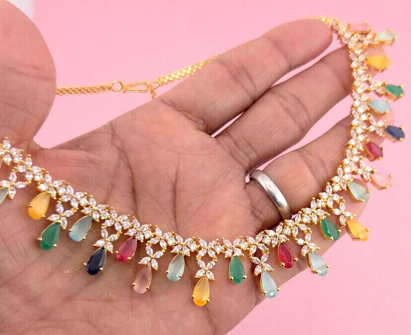 Multicolor CZ Necklace Set Gold Plated | Pastel Indian Festive Jewelry
