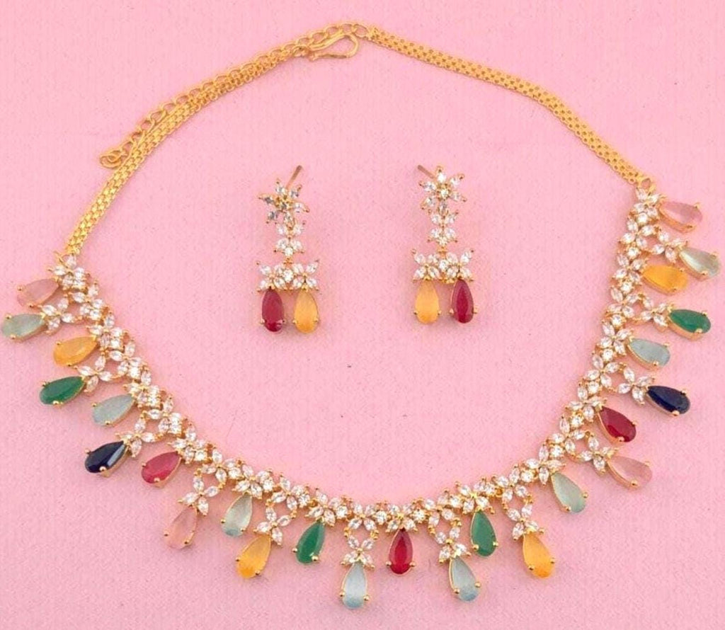 Multicolor CZ Necklace Set Gold Plated | Pastel Indian Festive Jewelry