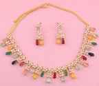 Multicolor CZ Necklace Set Gold Plated | Pastel Indian Festive Jewelry