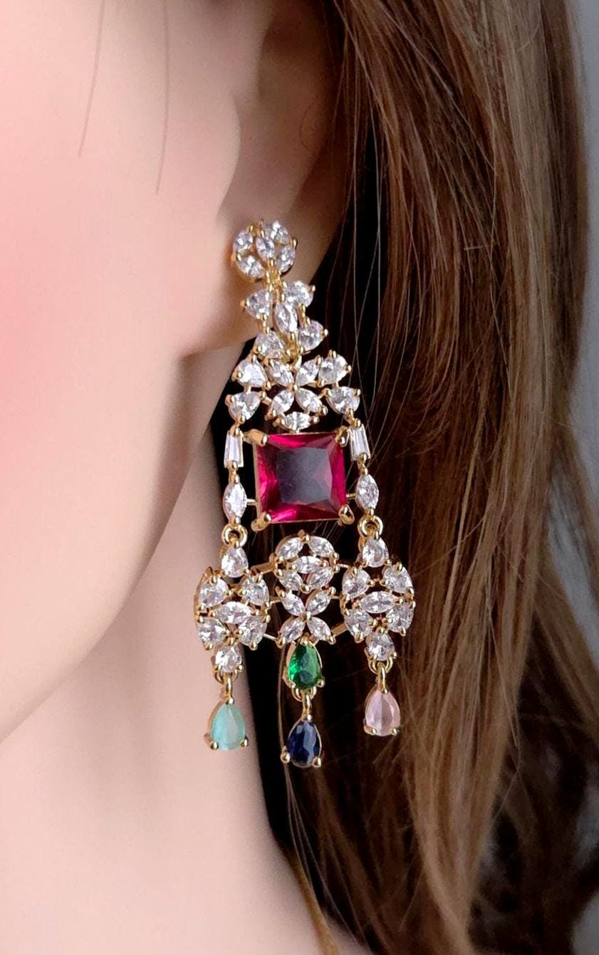 Navratna Style CZ Bridal Necklace Set – Gold Plated Indian Wedding Jewelry