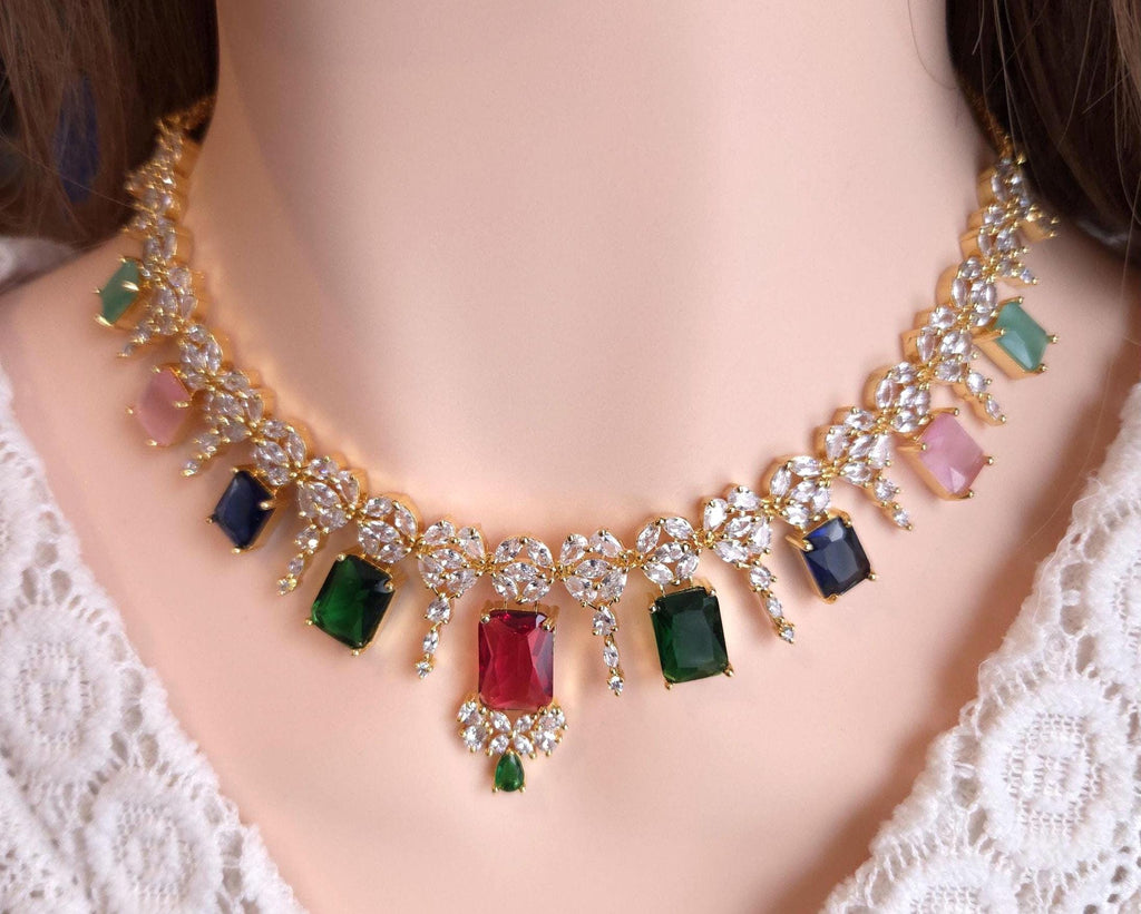 Navratna Style CZ Bridal Necklace Set – Gold Plated Indian Wedding Jewelry