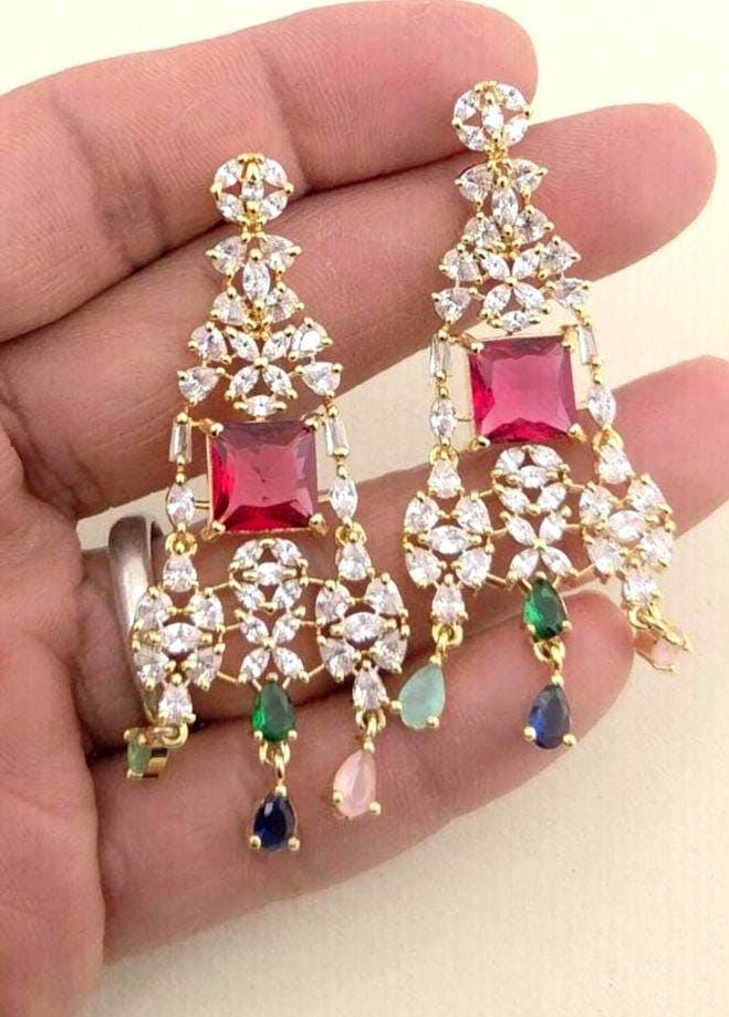 Navratna Style CZ Bridal Necklace Set – Gold Plated Indian Wedding Jewelry