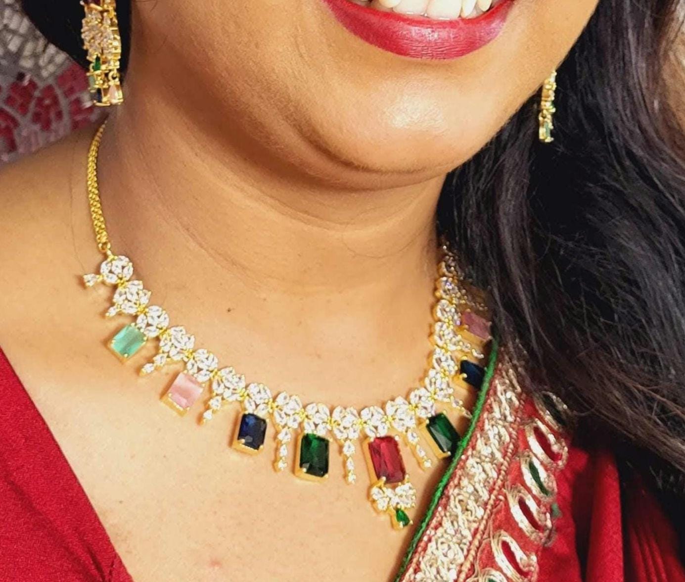 Navratna Style CZ Bridal Necklace Set – Gold Plated Indian Wedding Jewelry