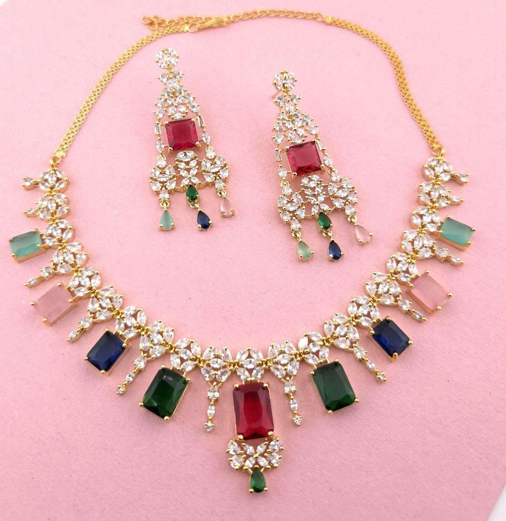 Navratna Style CZ Bridal Necklace Set – Gold Plated Indian Wedding Jewelry