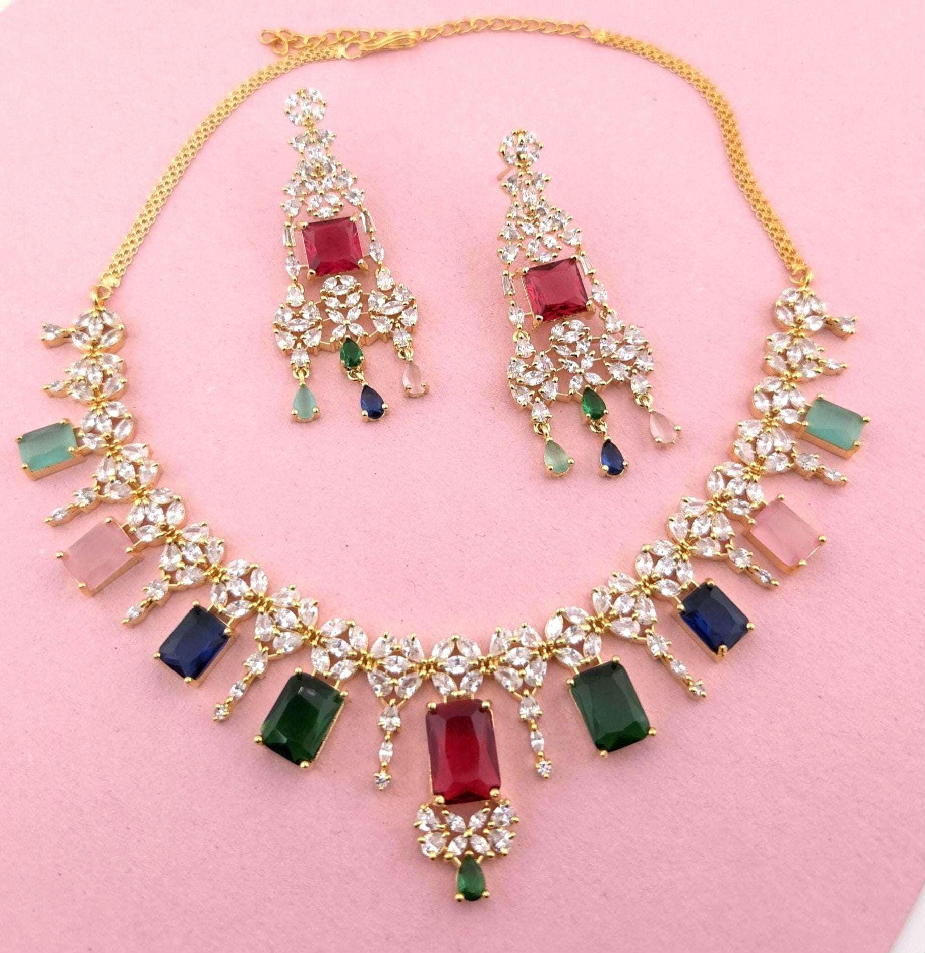 Navratna Style CZ Bridal Necklace Set – Gold Plated Indian Wedding Jewelry