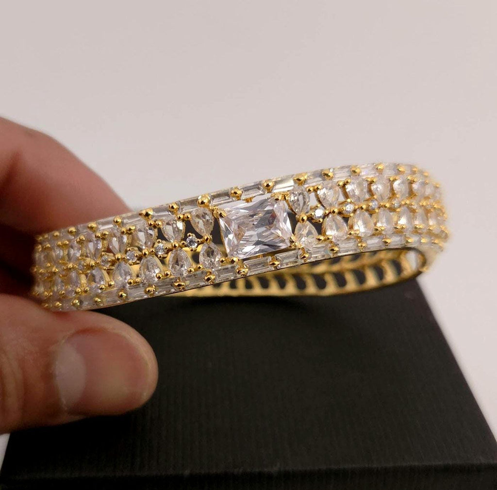 Gold Plated CZ Openable Bracelet | Emerald Cut Stone, Bridal Wedding Bangle
