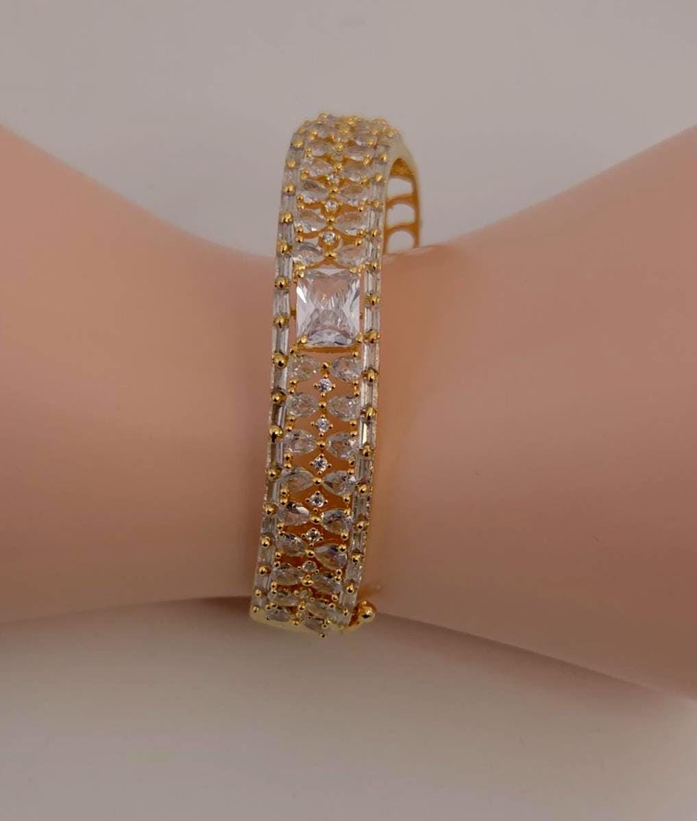 Gold Plated CZ Openable Bracelet | Emerald Cut Stone, Bridal Wedding Bangle