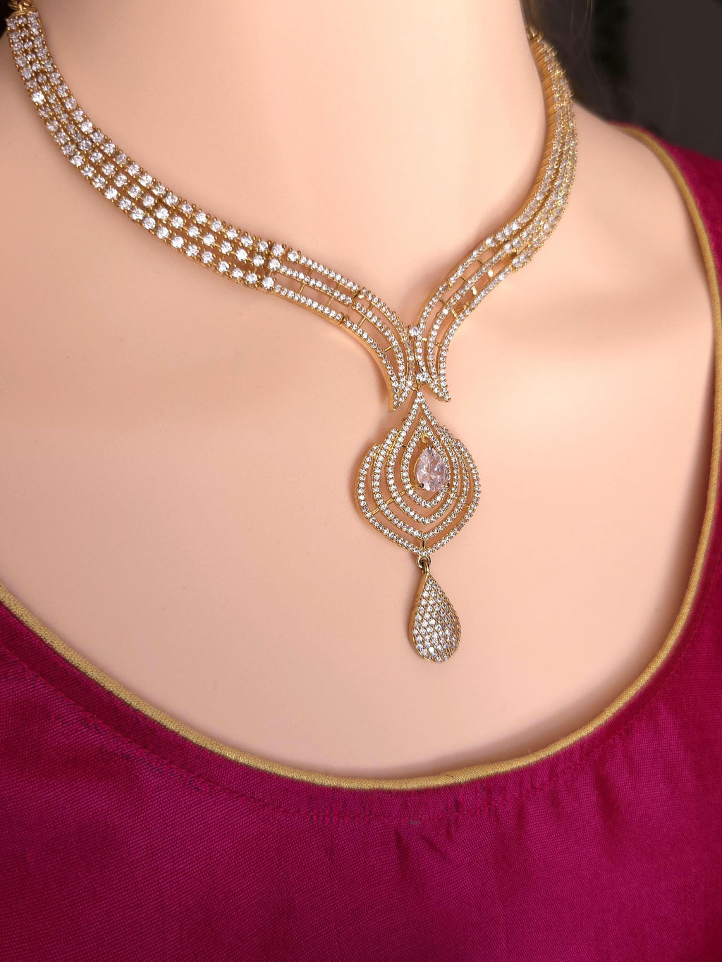 Layered V-Drop Necklace Set | Gold Plated CZ Bridal Jewelry