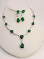 Silver Plated CZ Teardrop Necklace & Earrings Set – Bridal Wedding Jewelry, Multicolor, Green or Blue