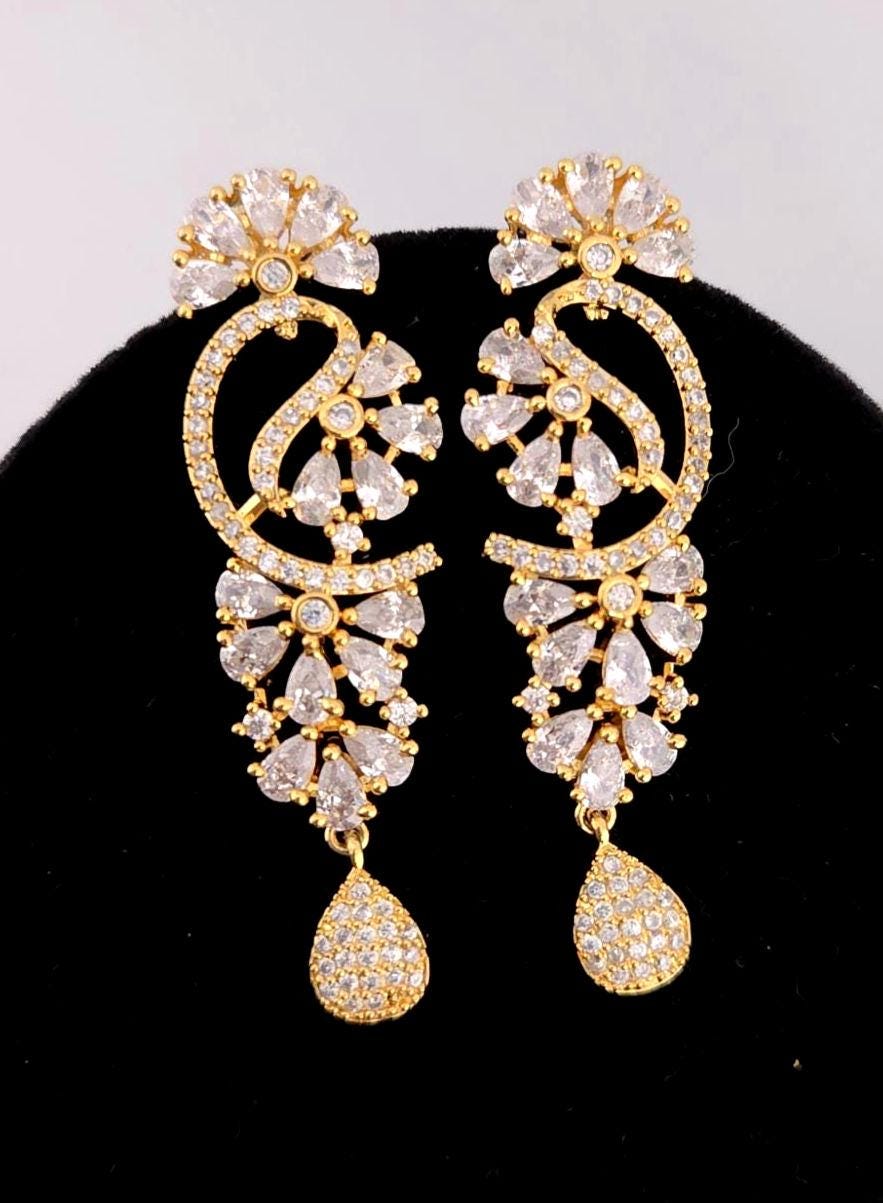 Gold Plated CZ Crescent Drop Necklace Set | Wedding Reception Bridal Jewelry