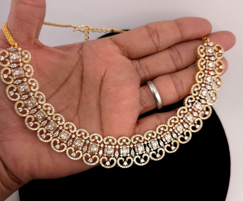Gold Plated CZ Crescent Drop Necklace Set | Indian Wedding Bridal Jewelry