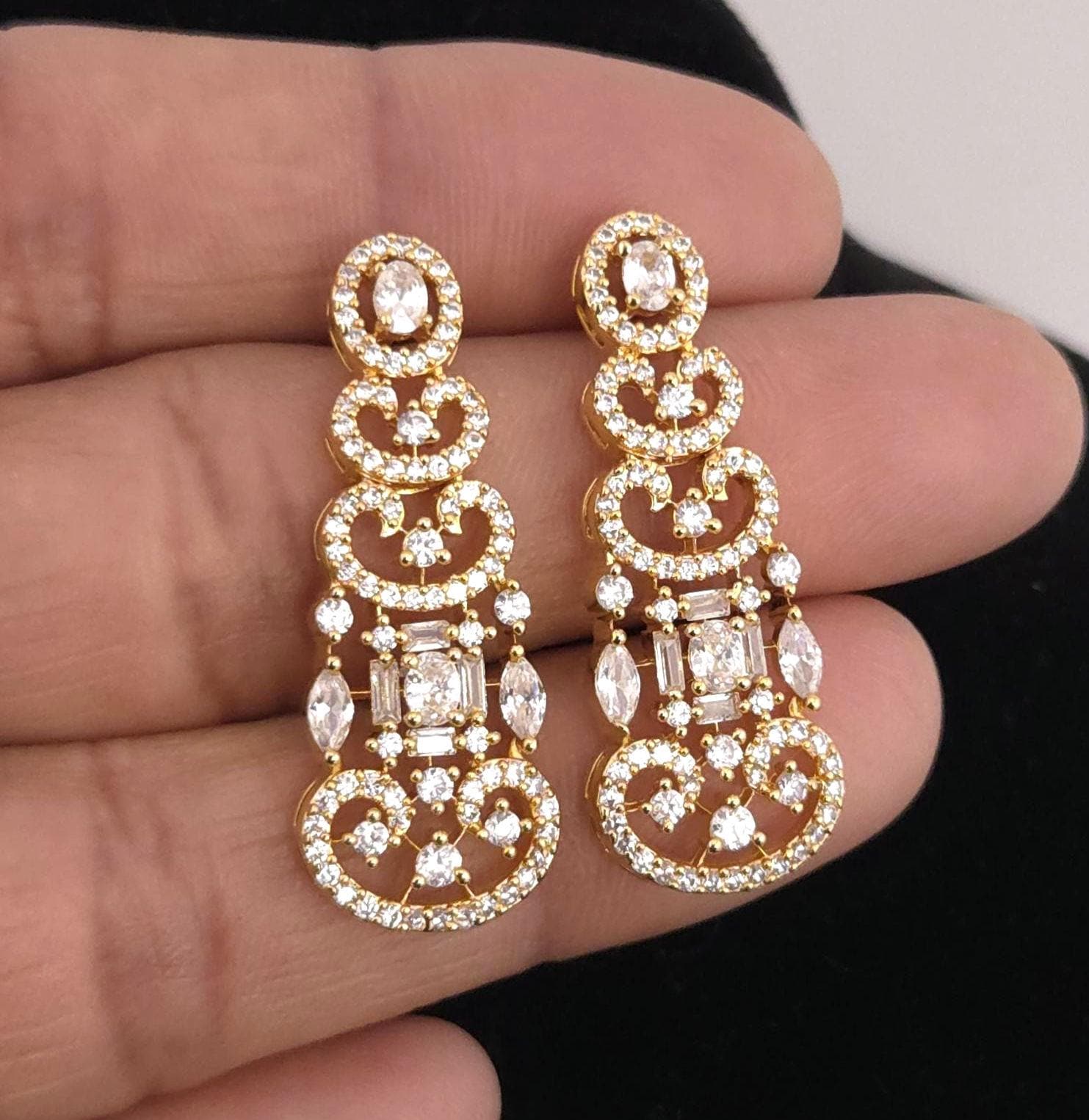 Gold Plated CZ Crescent Drop Necklace Set | Indian Wedding Bridal Jewelry