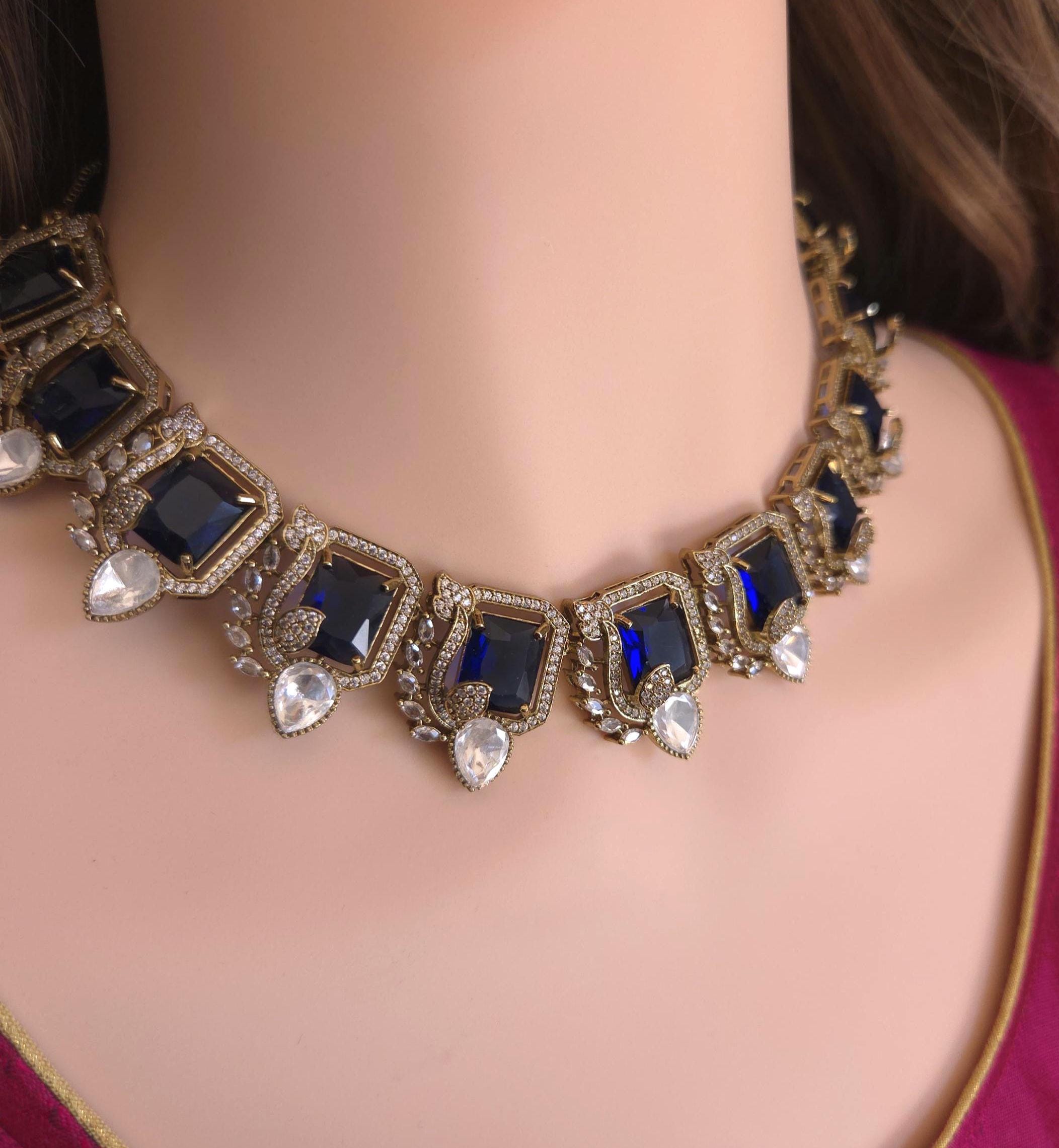 Moissanite Kundan Bridal Necklace Set – Statement Indian Wedding Jewelry (Red, Green, Blue)