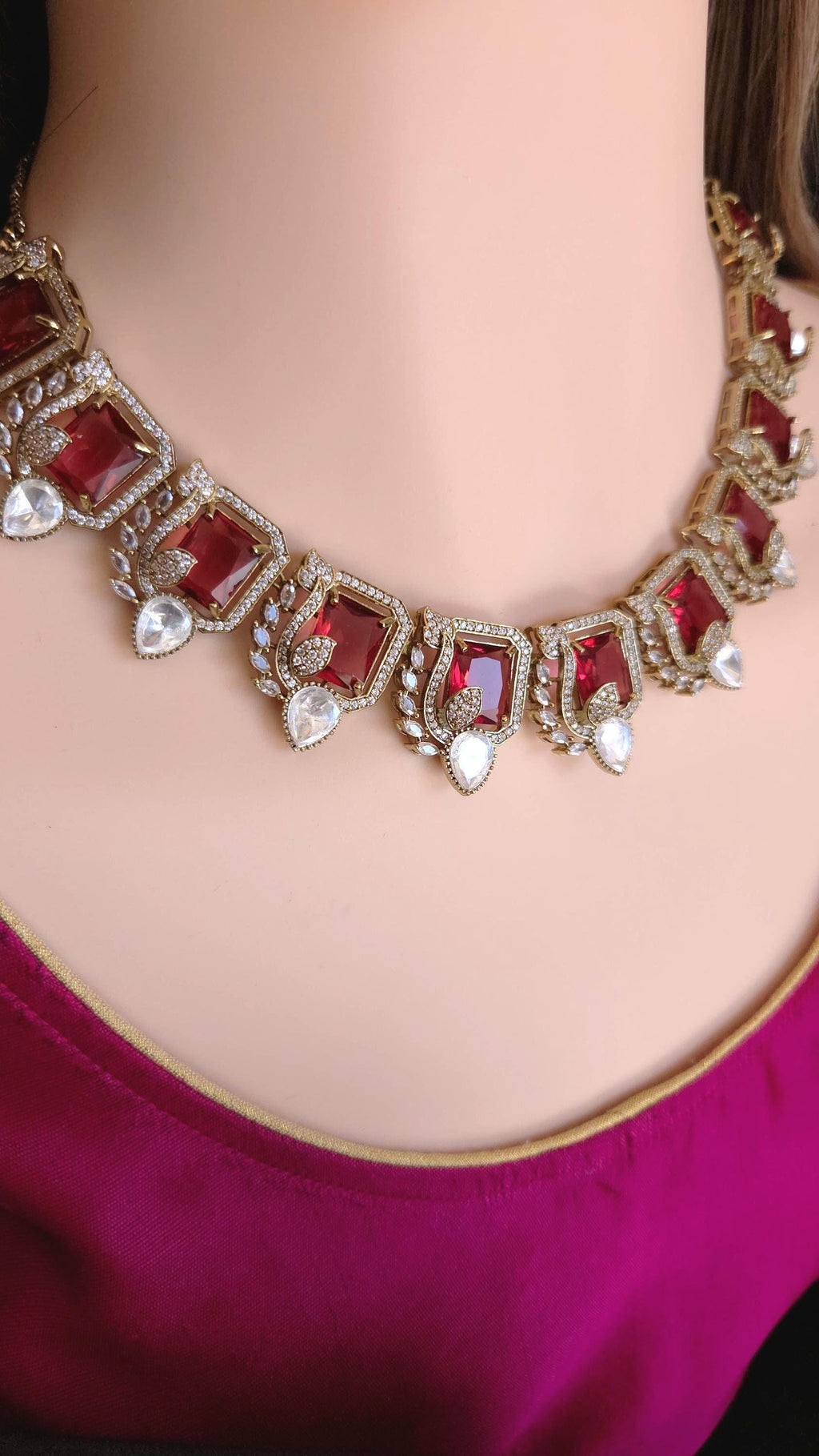 Moissanite Kundan Bridal Necklace Set – Statement Indian Wedding Jewelry (Red, Green, Blue)