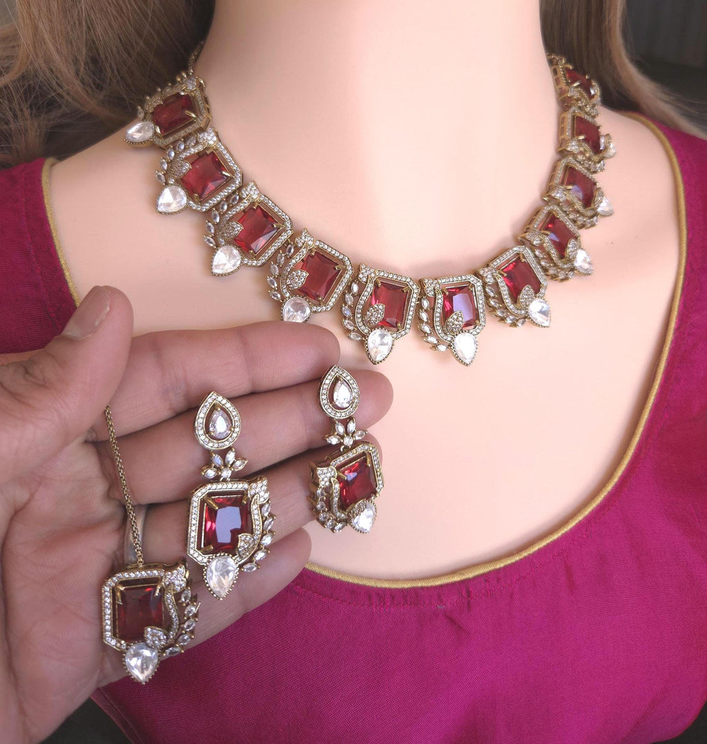 Moissanite Kundan Bridal Necklace Set – Statement Indian Wedding Jewelry (Red, Green, Blue)