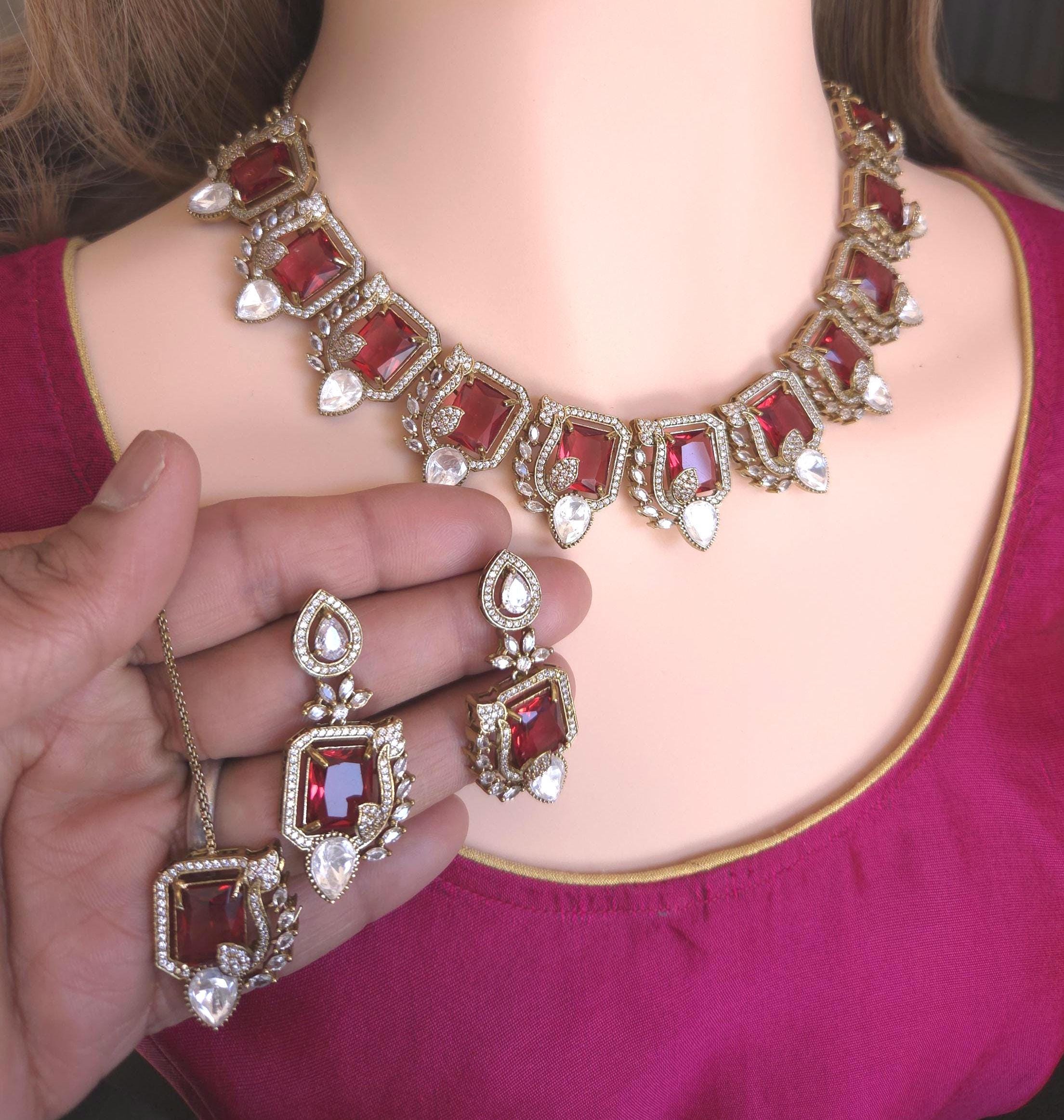 Moissanite Kundan Bridal Necklace Set – Statement Indian Wedding Jewelry (Red, Green, Blue)