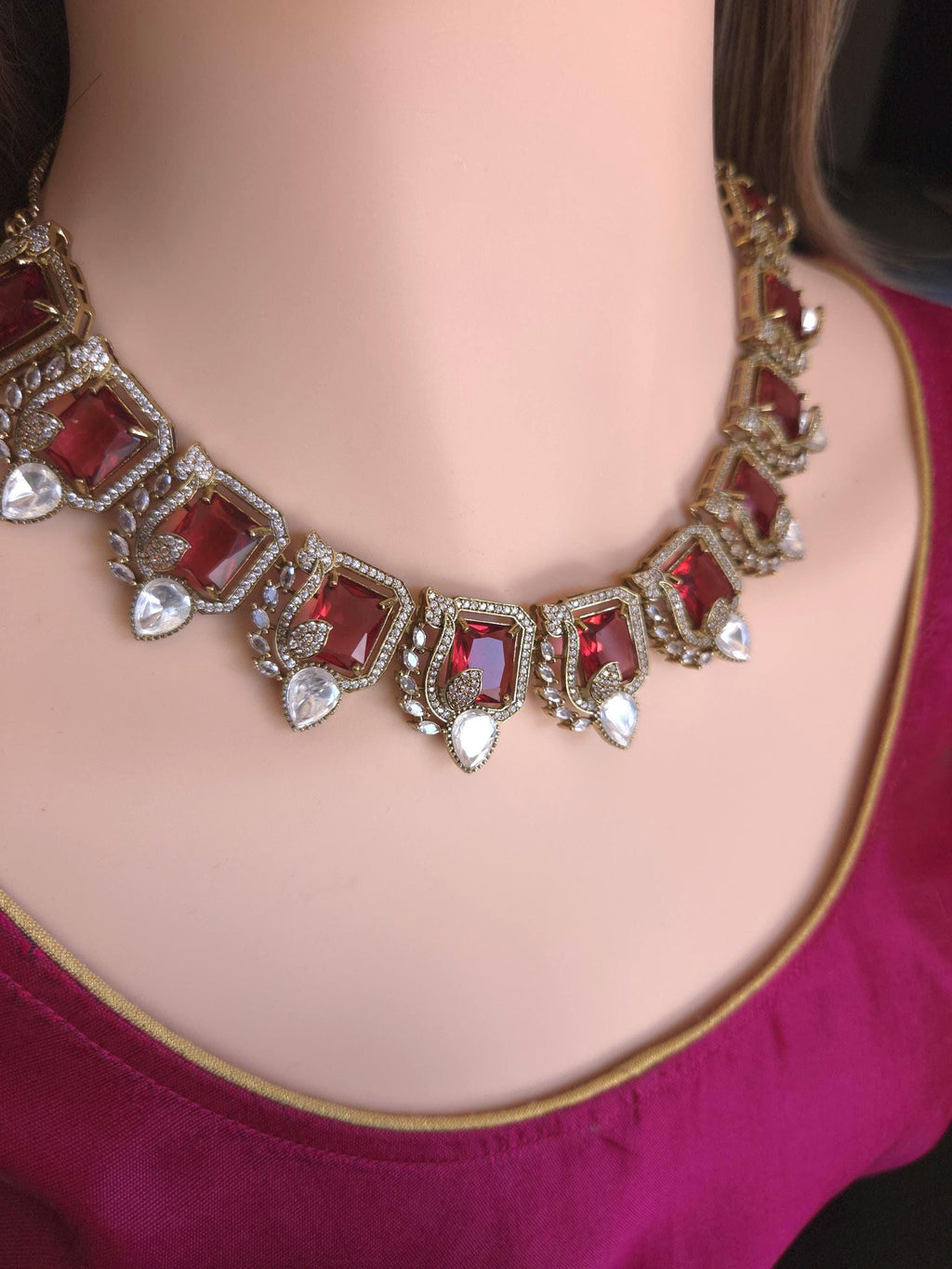 Moissanite Kundan Bridal Necklace Set – Statement Indian Wedding Jewelry (Red, Green, Blue)