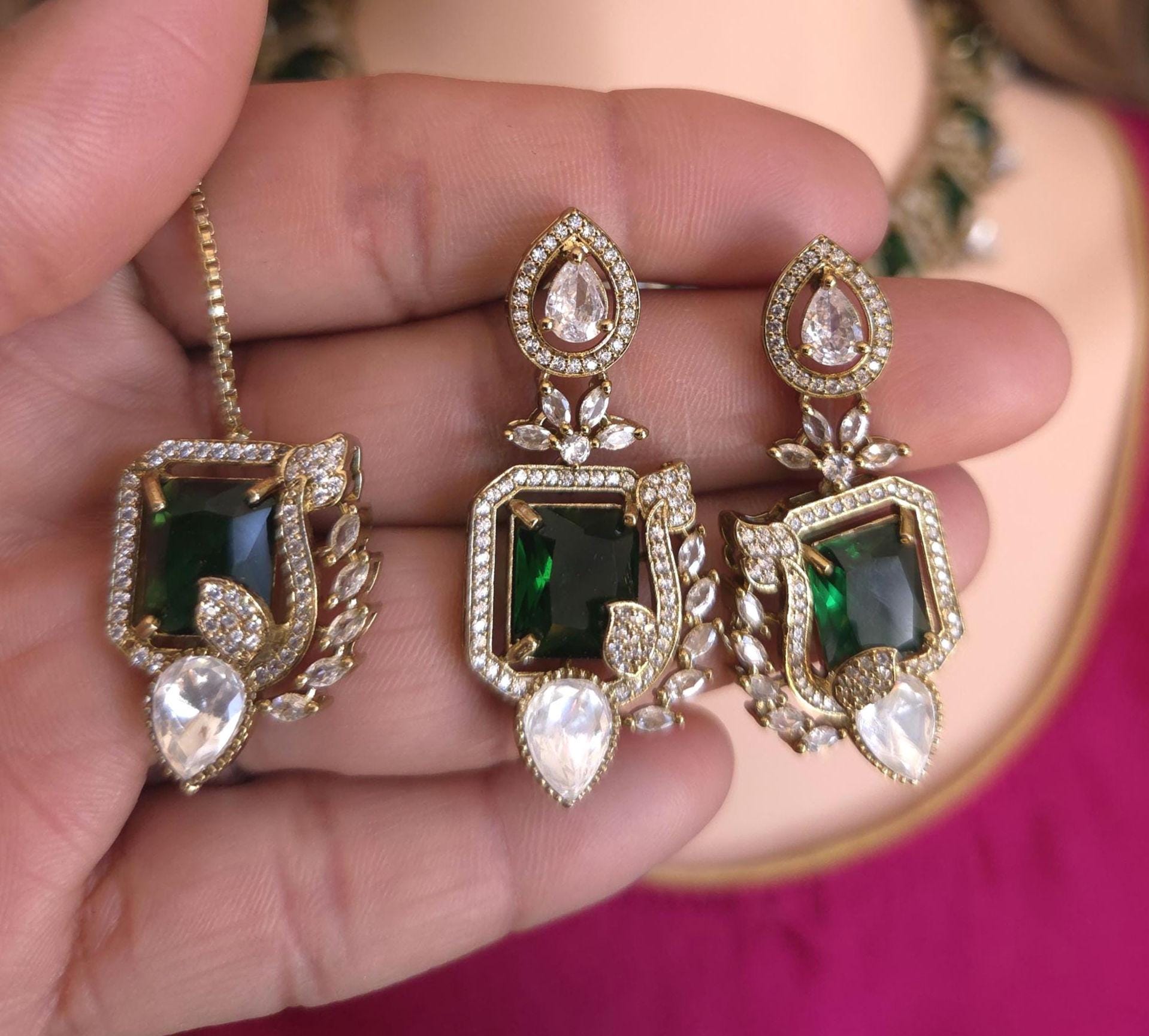 Moissanite Kundan Bridal Necklace Set – Statement Indian Wedding Jewelry (Red, Green, Blue)