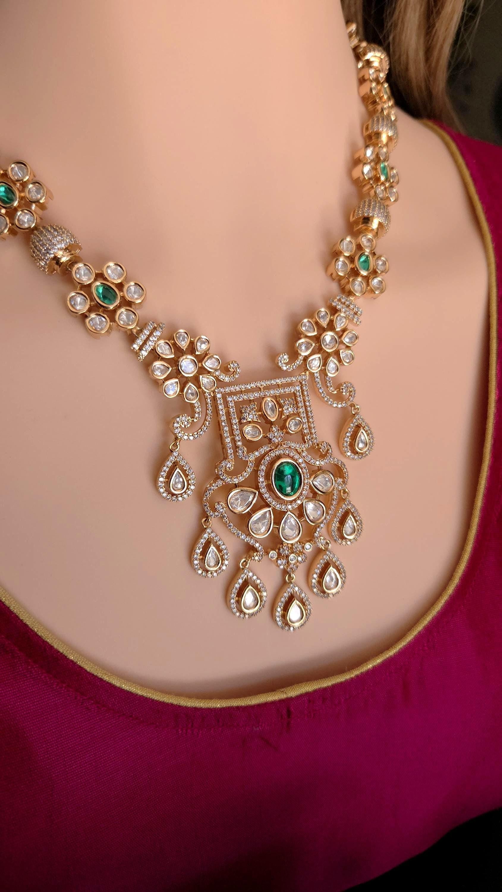 Heirloom Temple Moissanite Kundan Necklace Set – Bridal Jewelry (Green or Magenta)