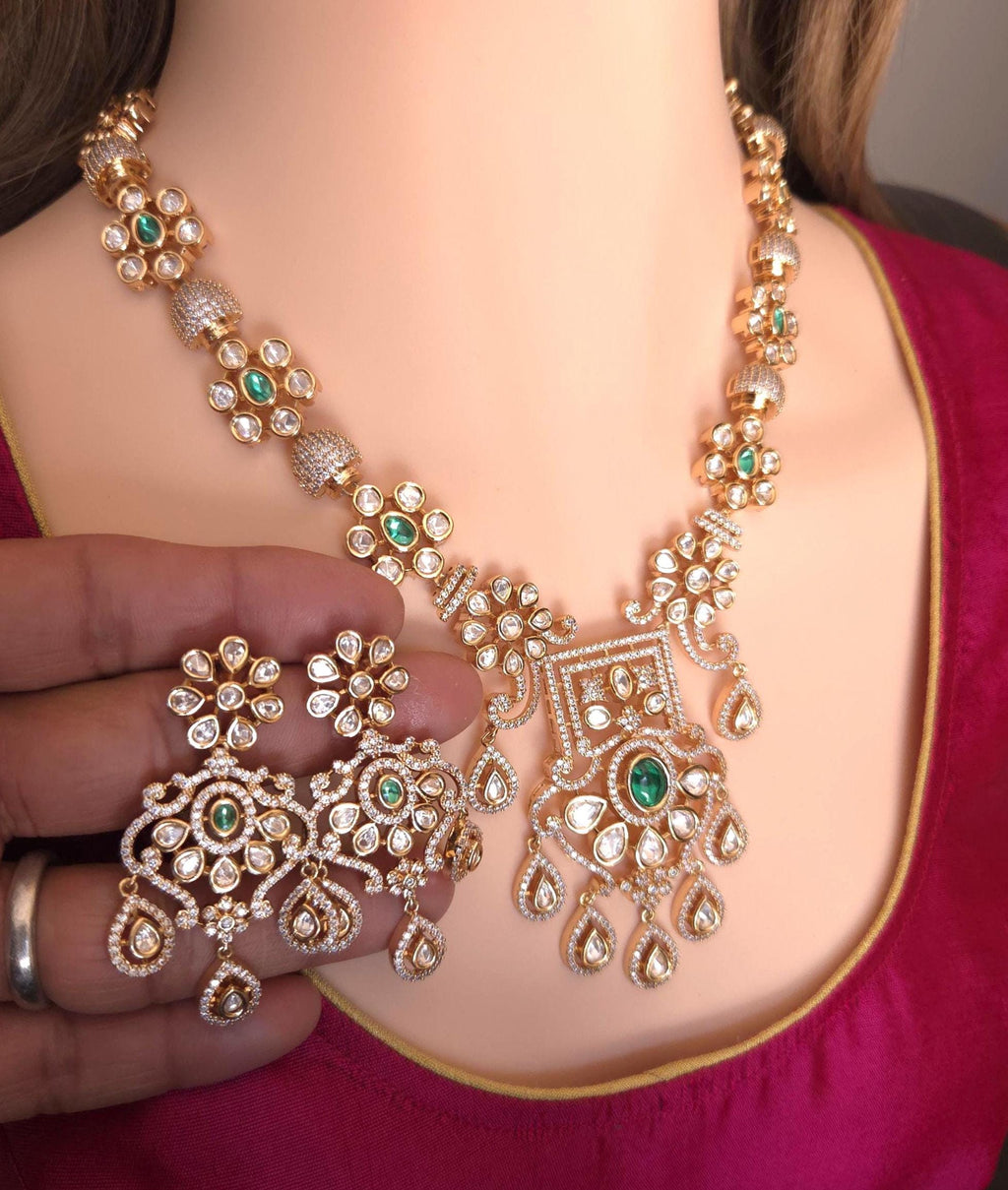 Heirloom Temple Moissanite Kundan Necklace Set – Bridal Jewelry (Green or Magenta)