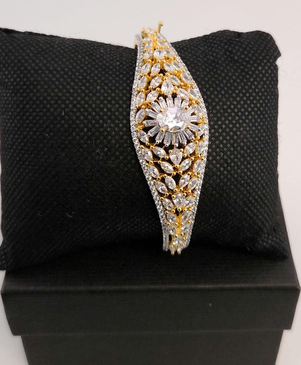 Gold Tone CZ Floral Cuff Bracelet – Adjustable Indian Wedding Bangle