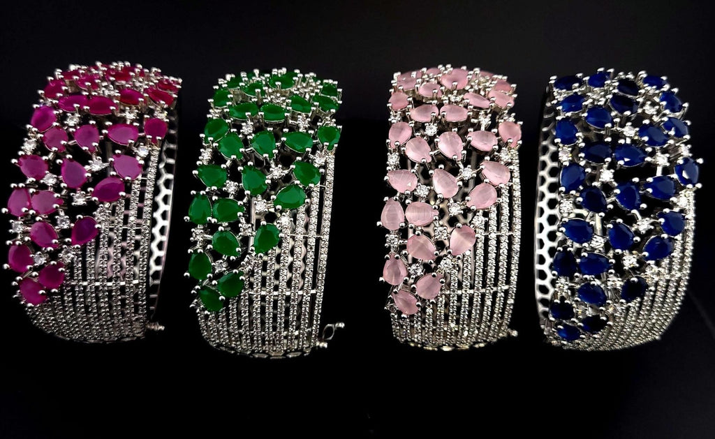 CZ Openable Bridal Bracelet – Indian Wedding Kada in Gold, Green, Blue, Magenta or Pink