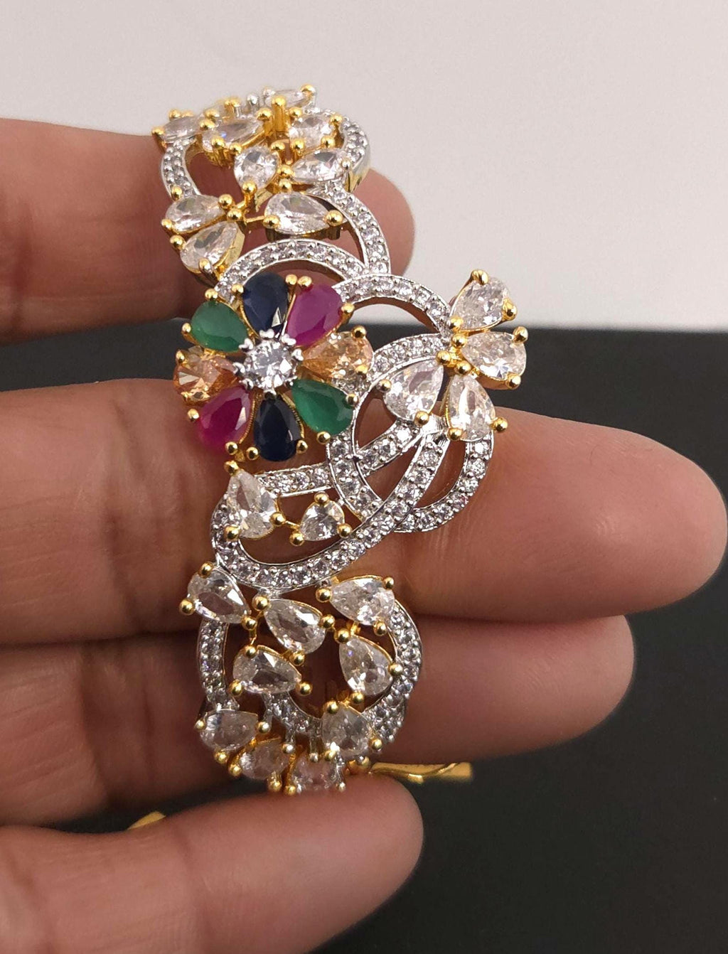 Multicolor Navratna CZ Bracelet | Gold Plated Statement Jewelry for Weddings
