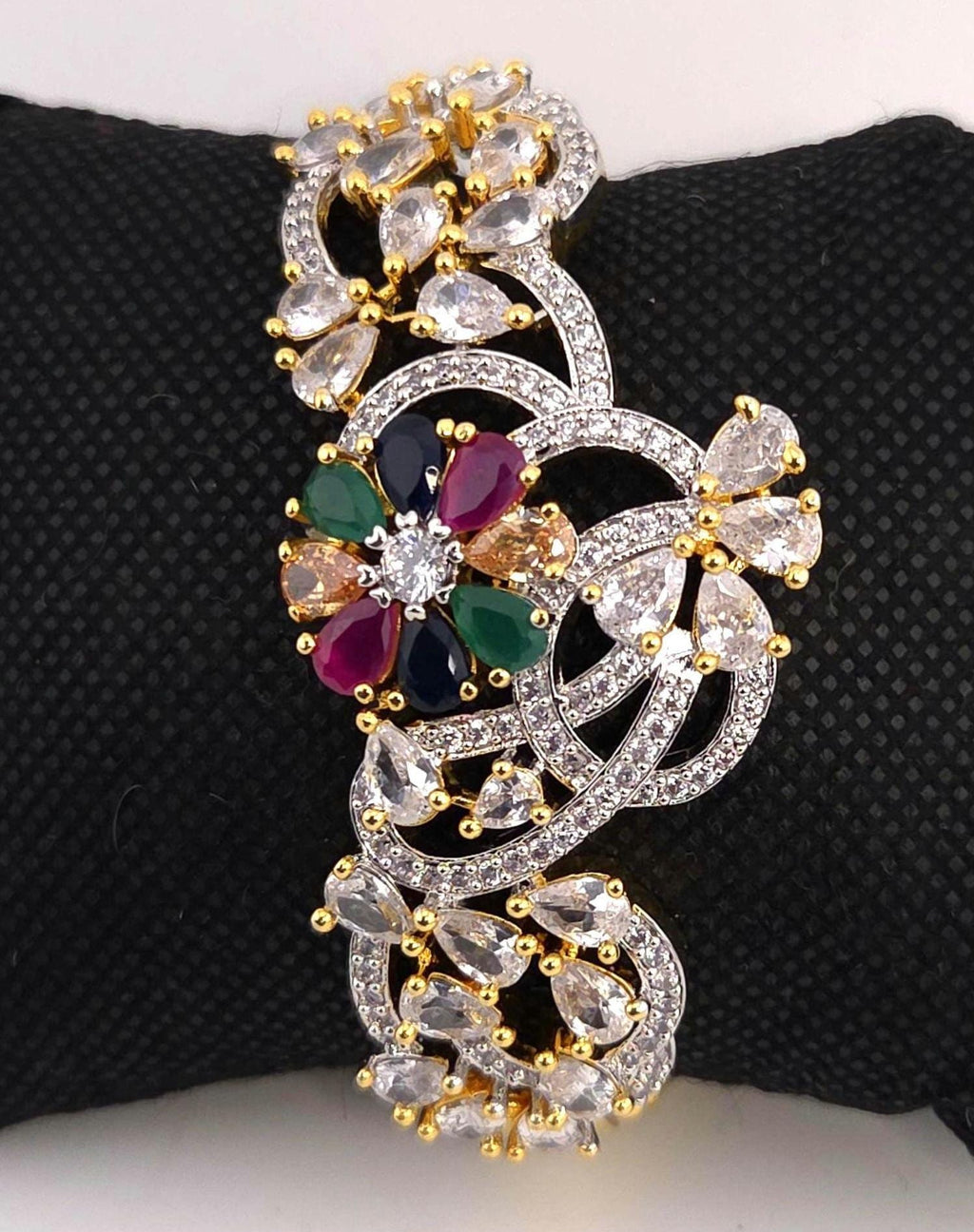 Multicolor Navratna CZ Bracelet | Gold Plated Statement Jewelry for Weddings