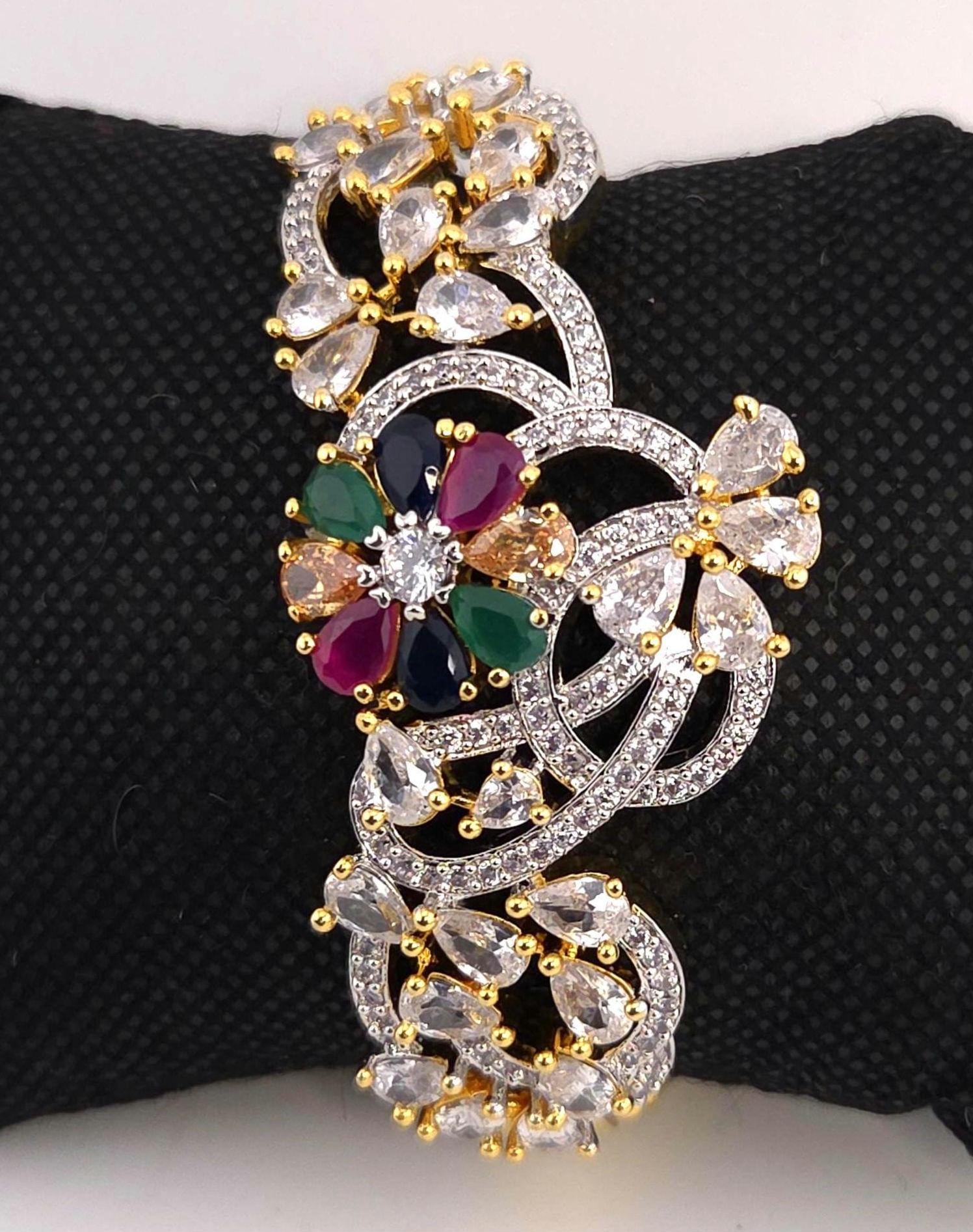 Multicolor Navratna CZ Bracelet | Gold Plated Statement Jewelry for Weddings