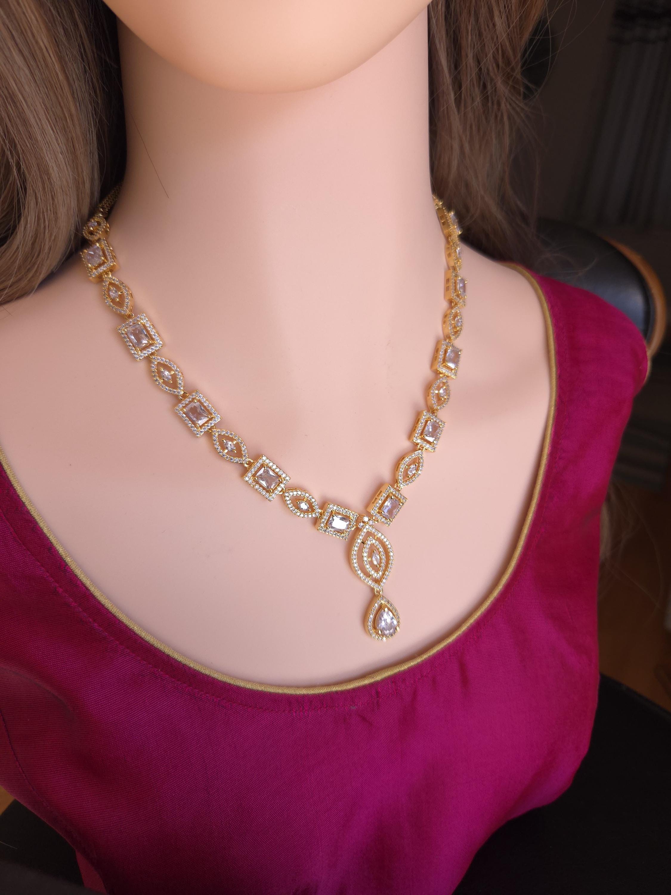 Gold Plated Emerald Cut CZ Bridal Necklace Set with Earrings, Geometric Art Deco Jewelry